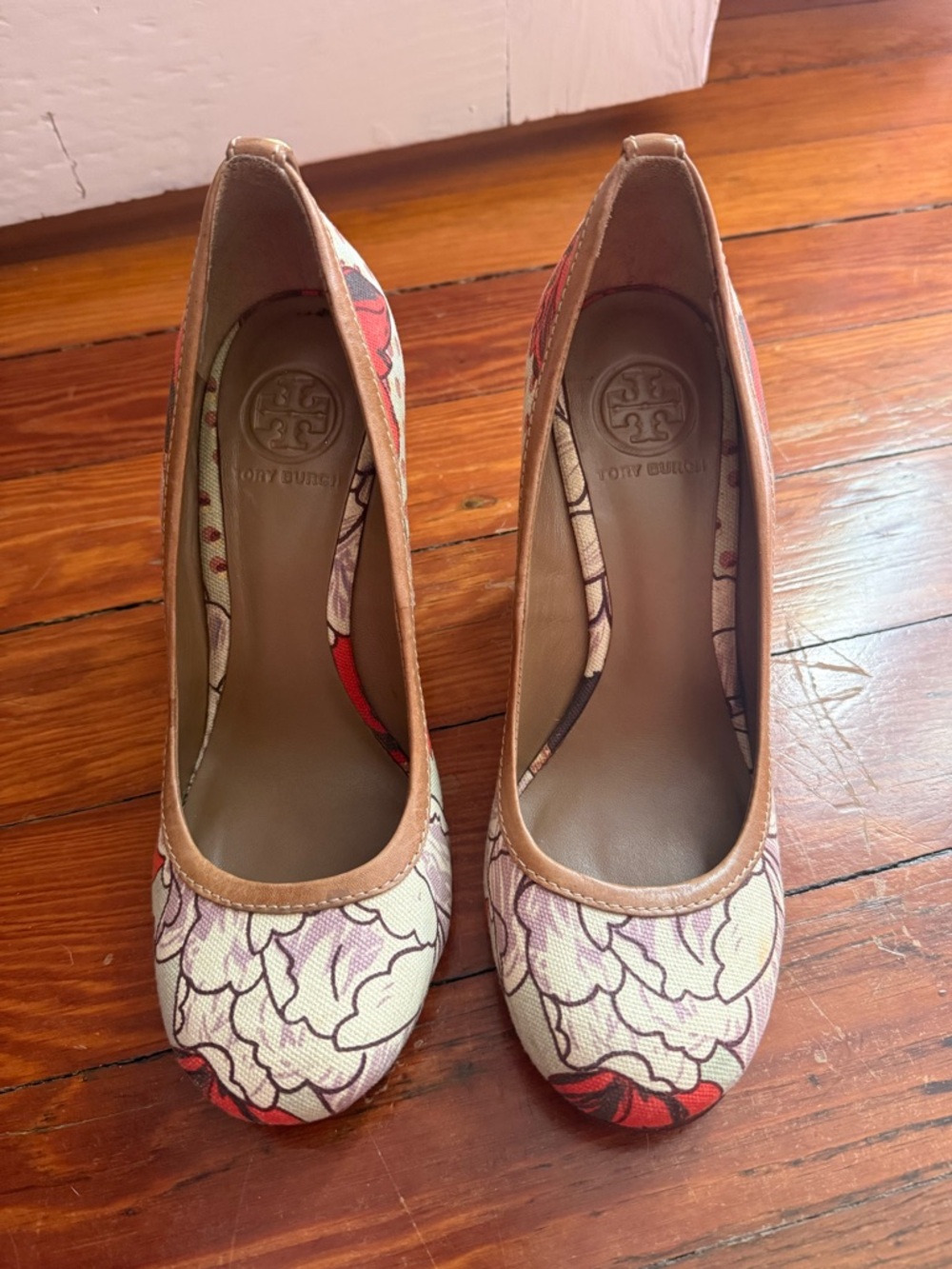 tory burch flora canvas woven wedge heels, women’s 8.5
